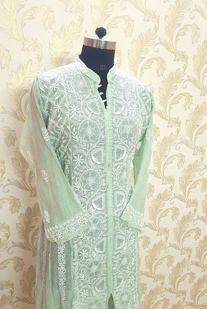 Mul Chanderi Designer Anarkali ( Semi Stitched ) - Adah Chikankari