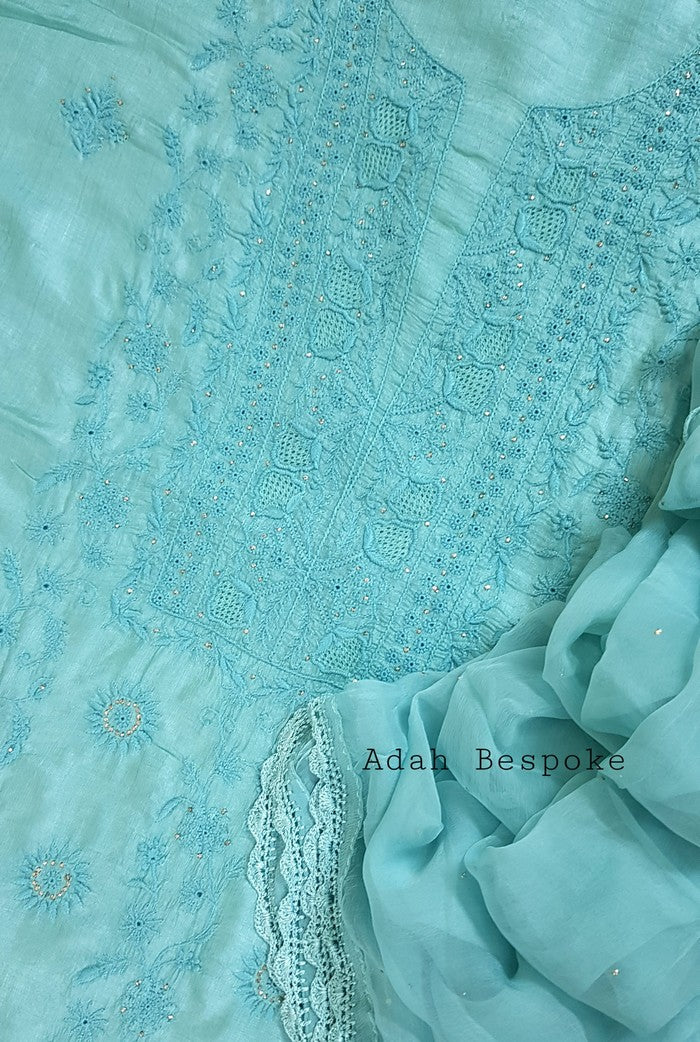 Chikankari Tussar Silk Set ( Do Taar )