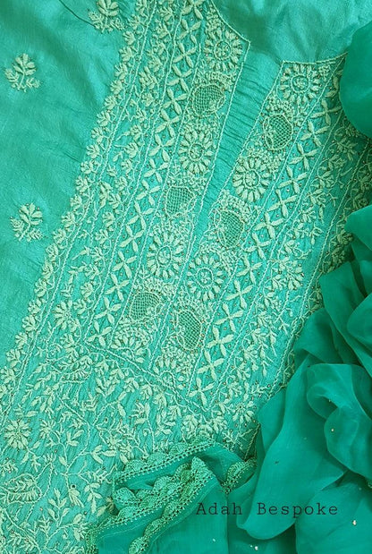 Chikankari Tussar Silk Set ( Do Taar ) - Adah Chikankari