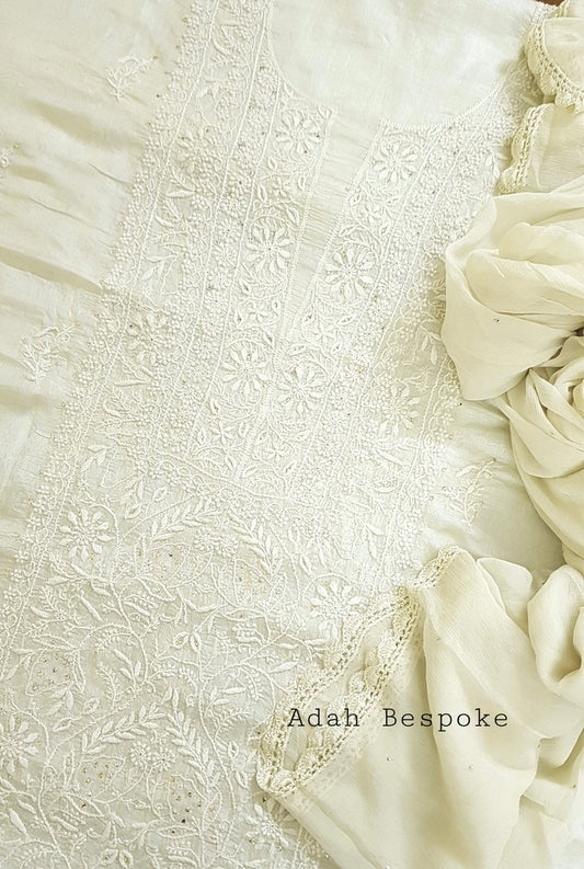 Chikankari Tussar Silk Set ( Do Taar )
