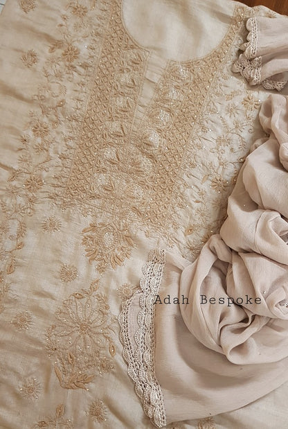 Chikankari Tussar Silk Set ( Do Taar )