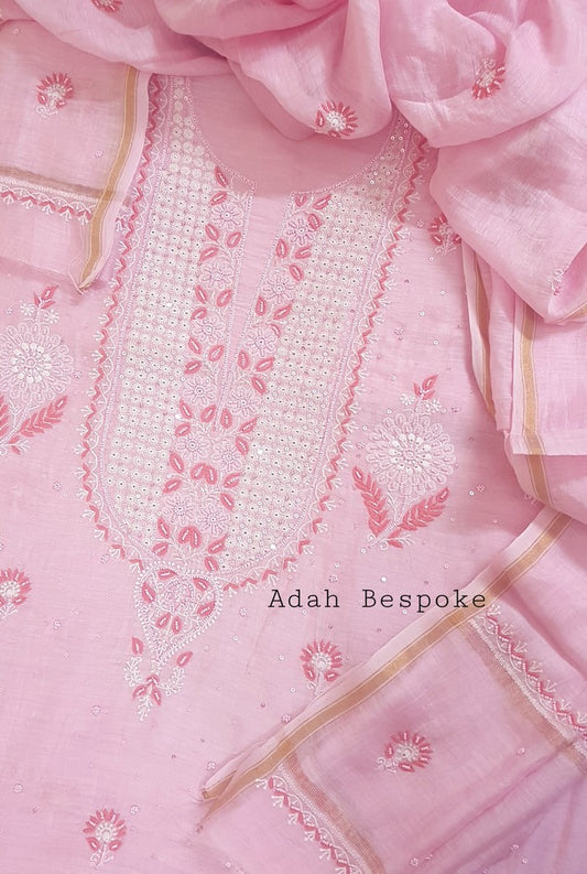 Chikankari Linen Suit ( Pearl Work ) - Adah Chikankari